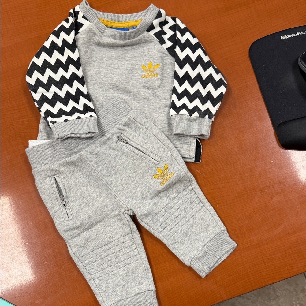 Adidas Kids Gray Joggers with Black Zigzag Sleeves